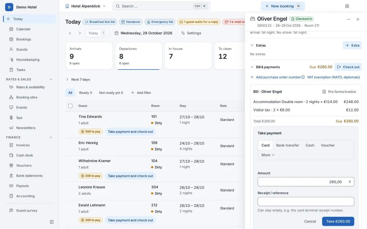 A booking in Destmio with an open bill and the field to record the payment
