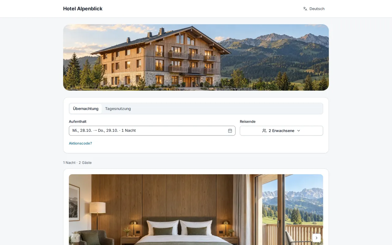 Buchungsseite eines Beispielhotels mit Zimmern, Preisen und Fotos