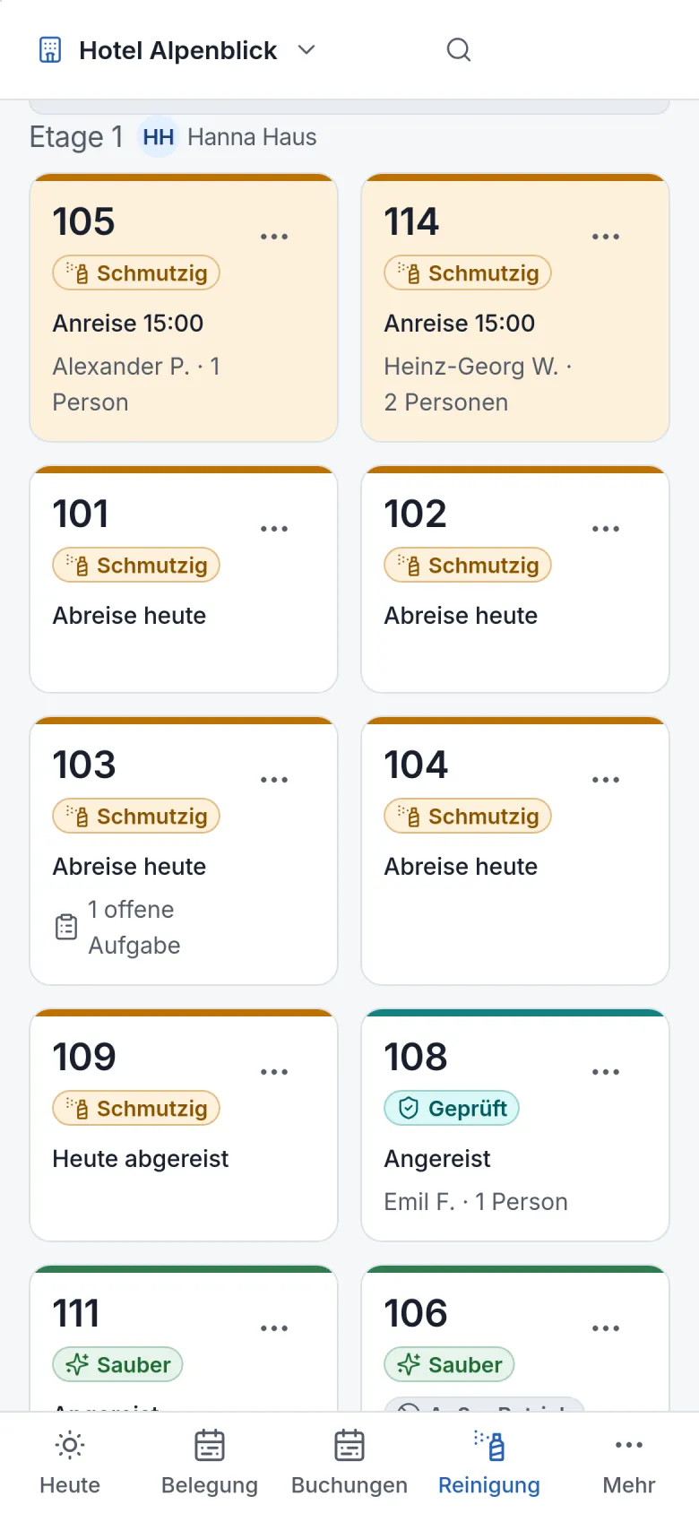 Reinigungsübersicht von Destmio auf dem Handy mit dem Status jedes Zimmers