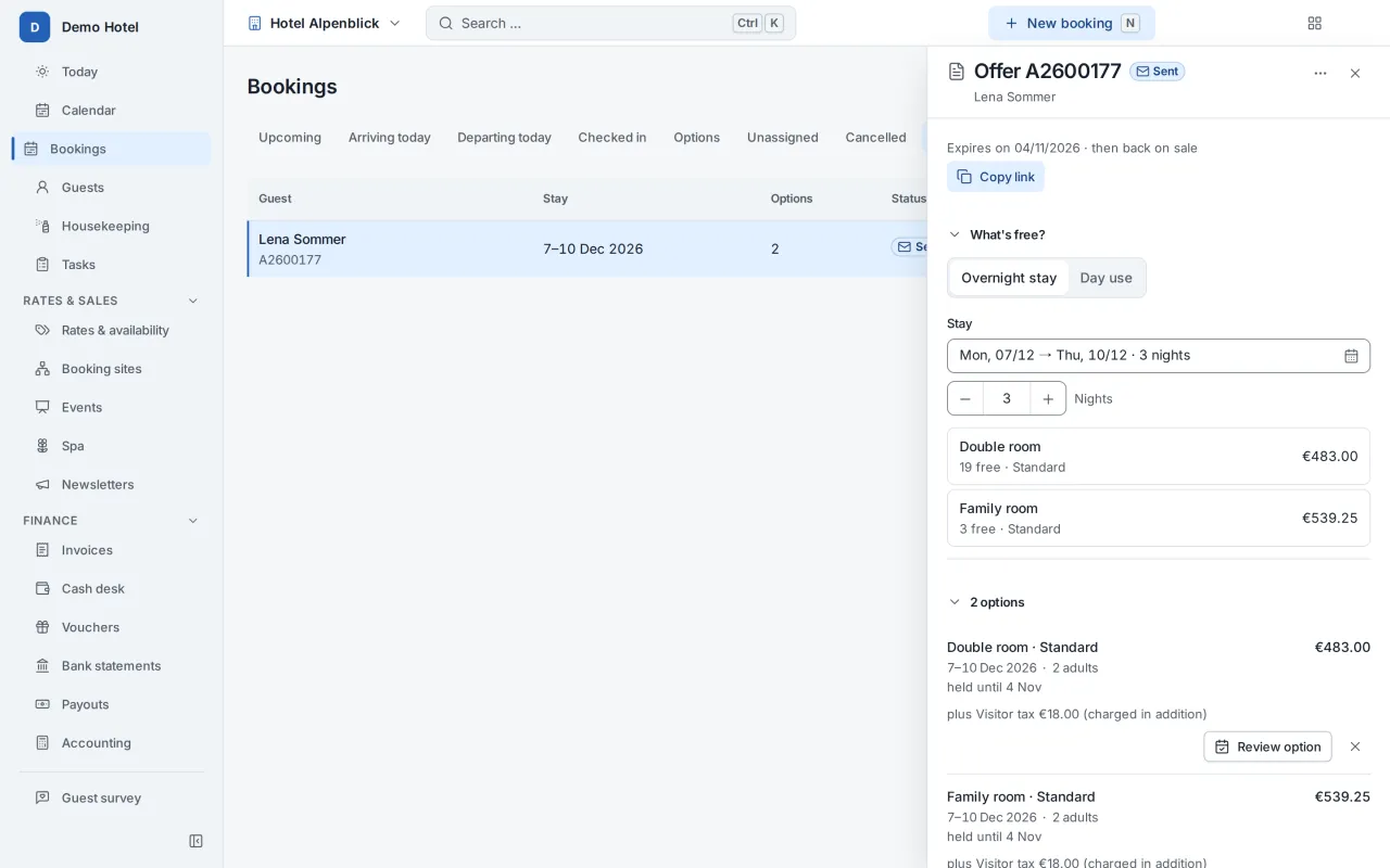 An offer in Destmio with two options, price and city tax, held until the guest says yes