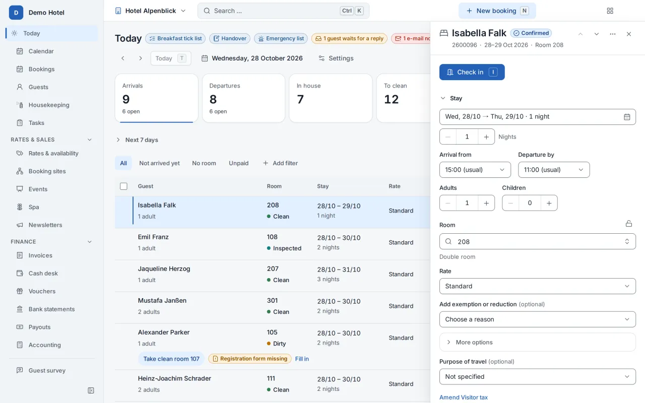 The Destmio Today page with the day’s arrivals and a booking opened for check-in